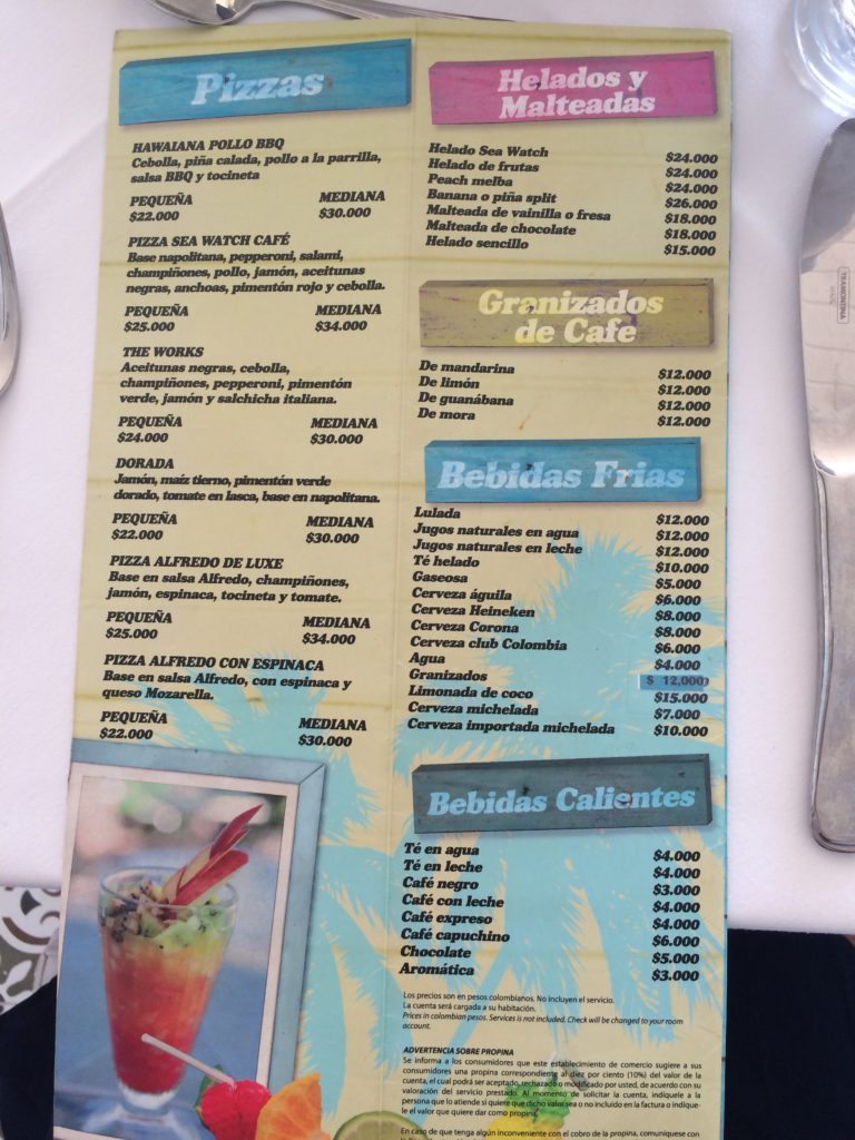 Onde comer em San Andrés cardápio Casablanca